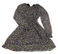 Čierno-fialovo-žlté kvetované šifónové šaty H&M