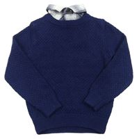 Tmavomodrý vzorovaný vlnený sveter s košeľovým golierom M&S