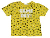 Žlté melírované tričko s loptami a nápismi STOP+GO