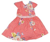Korálové plátenné šaty s kvietkami a motýlikmi Mothercare