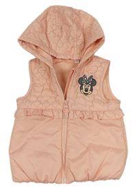 Broskvová šusťáková zateplená vesta s Minnie a volánkem a kapucí Disney
