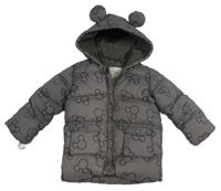 Tmavosivá prešívaná šušťáková zimná bunda s Mickey a kapucňou George