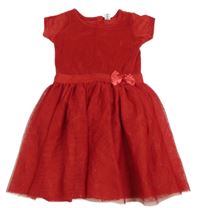 Červené plyšovo/tylové třpytivé šaty s mašlí dopodopo