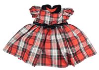 Červeno-bílo-šedo-černo-stříbrné kostkované šusťákové šat s mašlou a golierikom St. Bernard