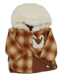 Béžovo-červeno-hnedá kockovaná vzorovaná zateplená košeľová bunda s liškou/kapsou a kapucňou Nutmeg