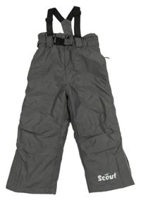 Tmavošedé šusťákové zimní oteplovačky s logem a odepínacími kšandami Scout