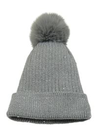 Šedá melírovaná vlněná zateplená čepice s flitry a bambulí 