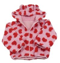 Růžová huňatá podšitá bunda s červenými srdíčky a kapucí s oušky St. Bernard