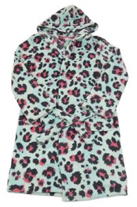 Belaso-světlemodro-černošedo-tmavoružový vzorovaný plyšový župan s kapucňou s uškami