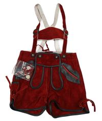 Nové - karmínovo-tmavošedé semišovo/koženkové kraťasy s kšandami KITZO ALPEN