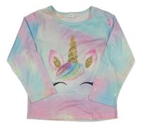 Ružovo-azurovo-fialové batikované tričko s jednorožcom