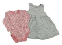 2Set - Světlešedé melírované sametové šaty + růžovo/bílé vzorované body Smile