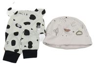 3Set - Bílo-černá strakatá žebrovaná čepice s kravičkou a rukavice + světlerůžová čepice se zvířátky