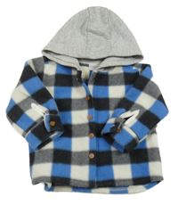 Modro-bielo-sivo-čierna kockovaná fleecová košeľová bunda s kapucňou so cute
