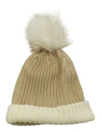 Hnědo-smetanová žebrovaná pletená čepice s bambulí