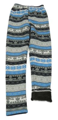 Šedo-černo-modro-bílé vzorované teplákové zateplené legíny s vločkami sheecute