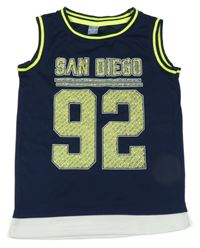 Tmavomodro-bielo-neónově žlté športové tielko s číslom a nápisom dopodopo