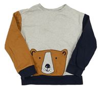 Svetlošedá -tmavomodro-hnedá mikina s medvěďom Mothercare