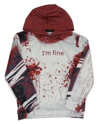 Bílo-vínová vzorovaná mikina s nápisem a kapucí