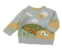Šedo-zelený melírovaný vlněný svetr s traktorem a ovcemi Dunnes