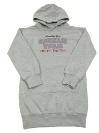 Šedé melírované teplákové šaty s nápisem a kapucí