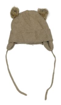 Hnědá pletená čepice s bambulemi H&M