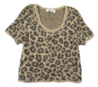 Hnědé chlupaté pletené crop tričko s leopardím vzorem H&M