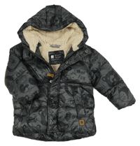 Tmavošedo-černá šusťáková zimní bunda s medvědy a kapucí Next