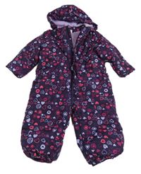 Fialovo-růžová šusťáková zimní kombinéza se srdíčky a kapucí 