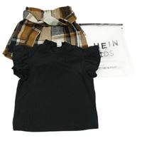 Nové - 2 set - čierne rebrované tričko + hnedo-čierno-smotanové kockované úpletové kraťasy shein