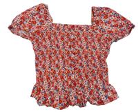 Červený květovaný halenkový crop top se žabičkováním Primark