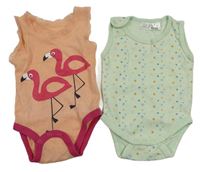 2set - 2x body - mintové vzorované + lososové s plameňáky a krajkou