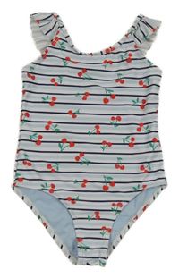 Světlemodro-bílo-tmavomodré pruhované jednodílné plavky s třešněmi Primark