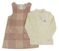 Nové - 2set - Smetanové žebrované triko + Růžovo-smetanové kostkované 