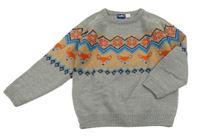 Sivo-oranžovo-modrý vzorovaný sveter s liškami Lupilu