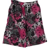 Pánské černo-tmavorůžové vzorované plážové kraťasy 