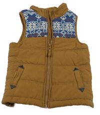 Hnědo-modrá šusťákovo/pletená zateplená vesta 