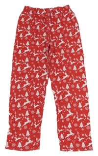 Červené pyžamové kalhoty se soby a stromky