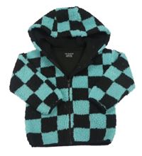 Světletyrkysovo-čierna kockovaná huňatá bunda s kapucňou PRIMARK