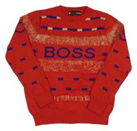 Červený sveter s nápisom a vzorom