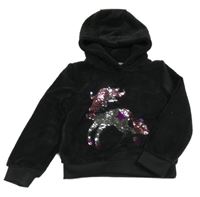 Čierna chlpatá mikina s jednorožcem z flitrů a kapucňou Kiki&Koko