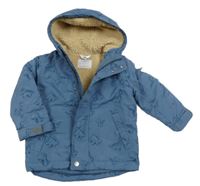 Modrá šušťáková zateplená bunda s dinosaurami a kapucňou M&Co.