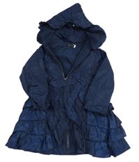 Tmavomodrý šusťákový zateplený kabát s mašlí a kapucí