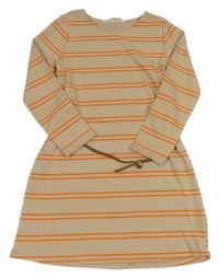 Béžovo-oranžové pruhované teplákové šaty s opaskom H&M