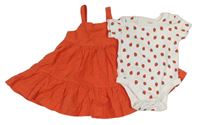 2set - Oranžové krepové šaty + bílé body s jahůdkami F&F