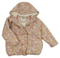 Světlerůžová šusťáková prošívaná zimní bunda s kytičkami a kapucí F&F