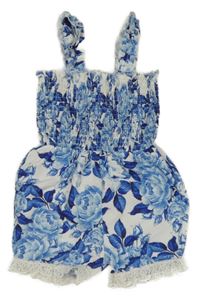 Modro-bílý květovaný letní žabičkový overal s krajkou 