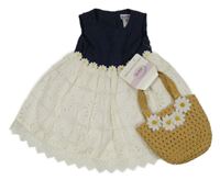 2set - Bílo-tmavomodré krajkové šaty + béžová kabelka s květy Blueberi 