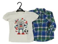 Nové - 2set - Barevná kostkovaná košile + bílé tričko s robotem Dunnes