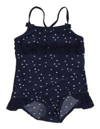 Tmavomodré srdiečkované jednodielne plavky s volánikmi Topomini